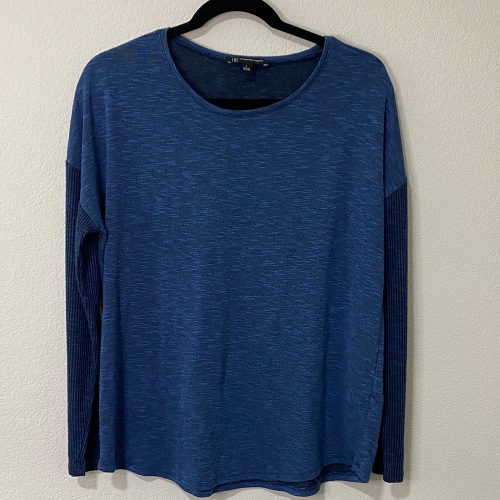 INC Blue Long Sleeve Knit Top Blouse T-Shirt Tee